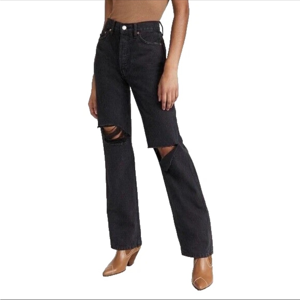 Re/Done High Rise Rigid Loose Jean Black Size 25 Womens Denim Distressed Raw Hem